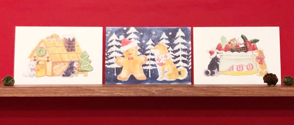 クリスマスのお菓子としばいぬのポストカード３種