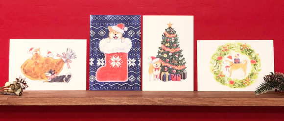 クリスマスチキンとしばいぬ、クリスマスモチーフとしばいぬ３種のポストカード